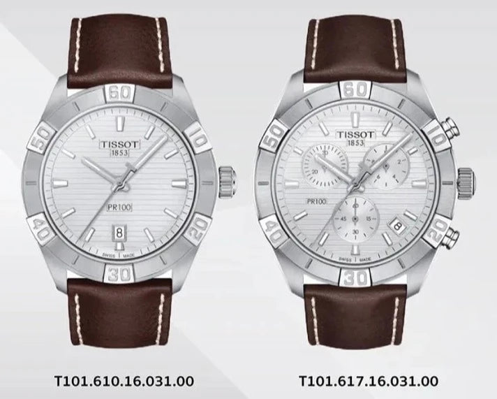 Tissot PR 100 Sport Quartz Chronograph Silver Dial Brown Leather Strap Watch For Men - T101.617.16.031.00