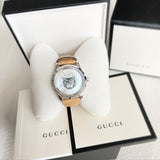 Gucci G Timeless Automatic Mother of Pearl Dial Brown Leather Strap Watch For Women - YA1264112