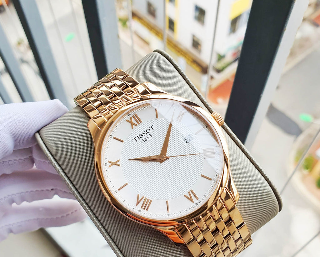 Tissot T Classic Tradition White Dial Rose Gold Steel Strap Watch For Women