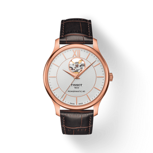 Tissot Tradition Powermatic 80 Open Heart Silver Dial Brown Leather Strap Watch For Men - T063.907.36.038.00