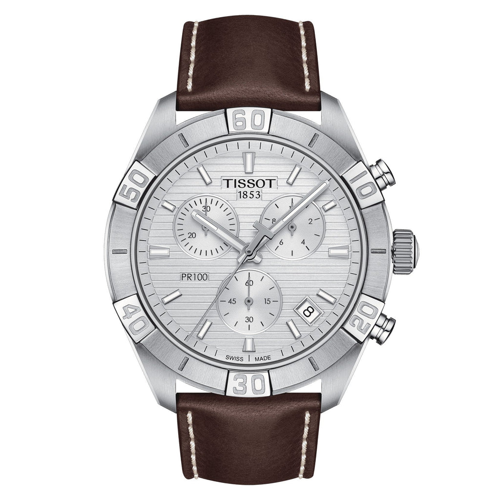 Tissot PR 100 Sport Quartz Chronograph Silver Dial Brown Leather