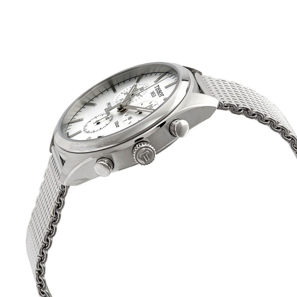 Tissot PR 100 Chronograph White Dial Silver Mesh Bracelet Watch For Men - T101.417.11.031.02