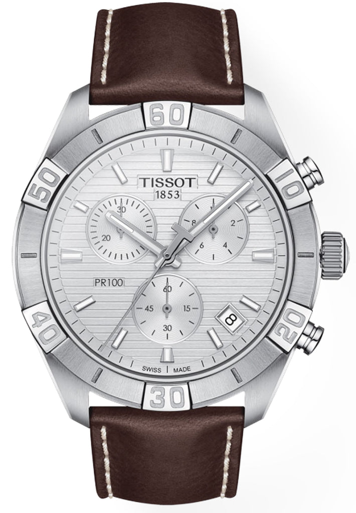 Tissot PR 100 Sport Quartz Chronograph Silver Dial Brown Leather