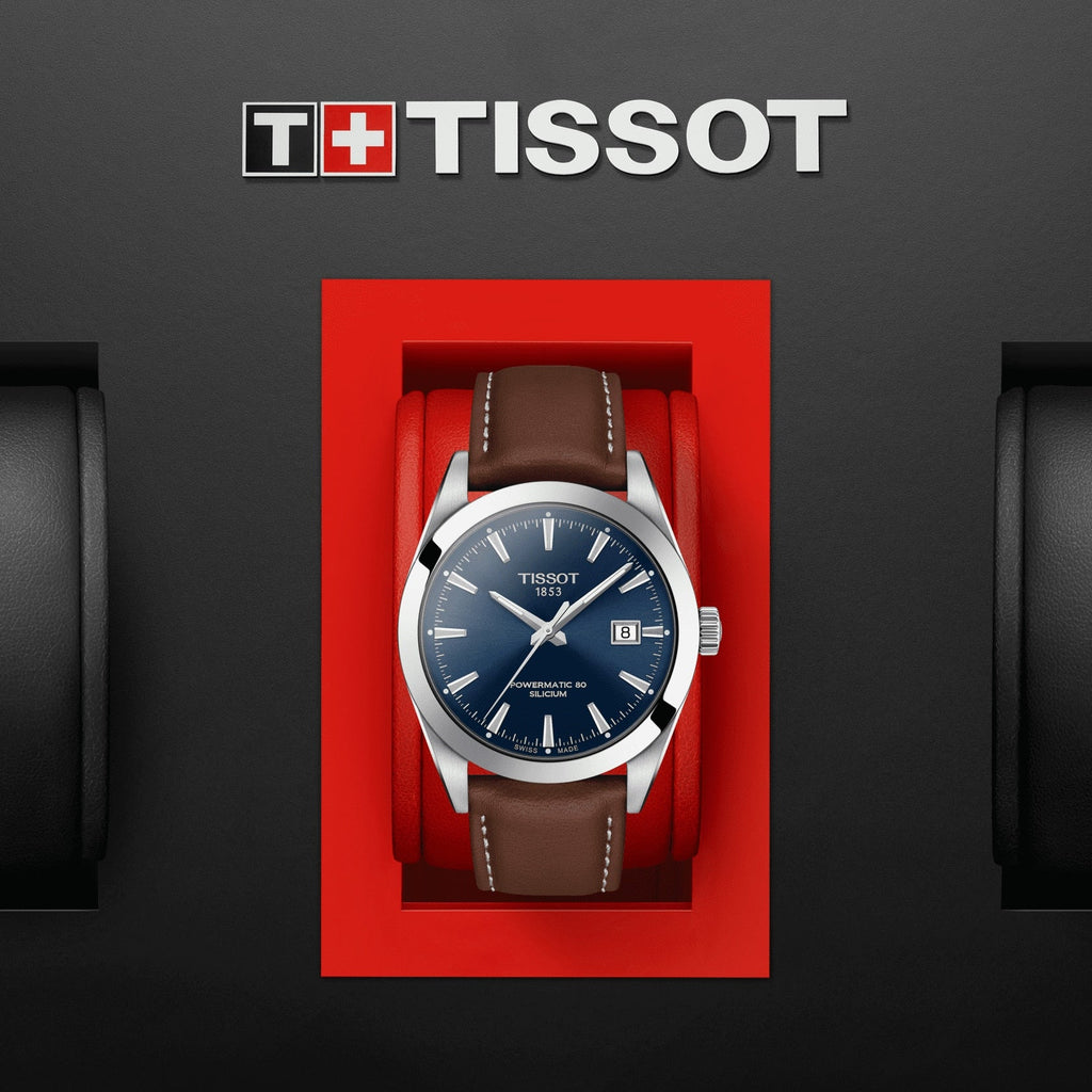 Tissot Gentleman Powermatic 80 Silicium Blue Dial Brown Leather Strap Watch For Men - T127.407.16.041.00