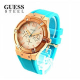 Guess Jet Setter White Dial Turquoise Silicone Strap Watch For Women - W0564L3