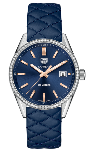 Tag Heuer Carrera Quartz 39mm Diamond Blue Dial Blue Leather Strap Watch for Women - WAR1114.FC6391