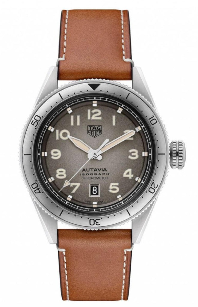Tag Heuer Autavia Isograph Grey Dial Calfskin Brown Leather Strap 