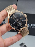 Hugo Boss Associate Black Dial Rose Gold Mesh Bracelet Watch for Men - 1513806