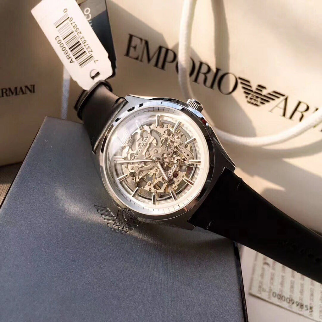 Emporio Armani Meccanico White Skeleton Dial Black Leather Strap