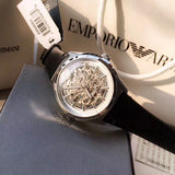 Emporio Armani Meccanico White Skeleton Dial Black Leather Strap Watch For Men - AR60003