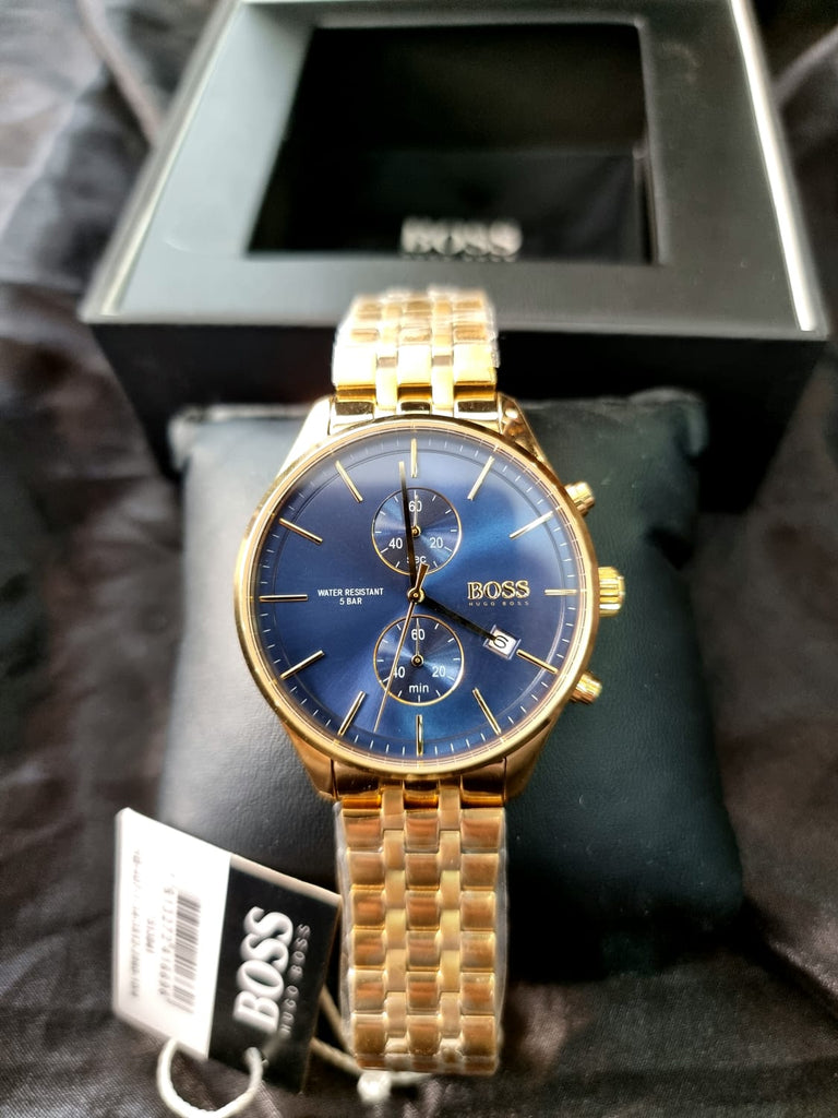 Hugo Boss Associate Blue Dial Gold Steel Strap Watch for Men - 1513841