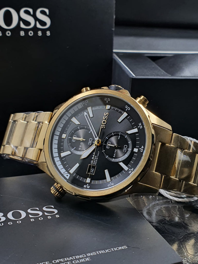 Hugo Boss Globetrotter Black Men Strap Watch Gold Steel Dial Chronograph for