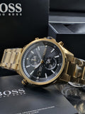 Hugo Boss Globetrotter Chronograph Black Dial Gold Steel Strap Watch for Men - 1513932