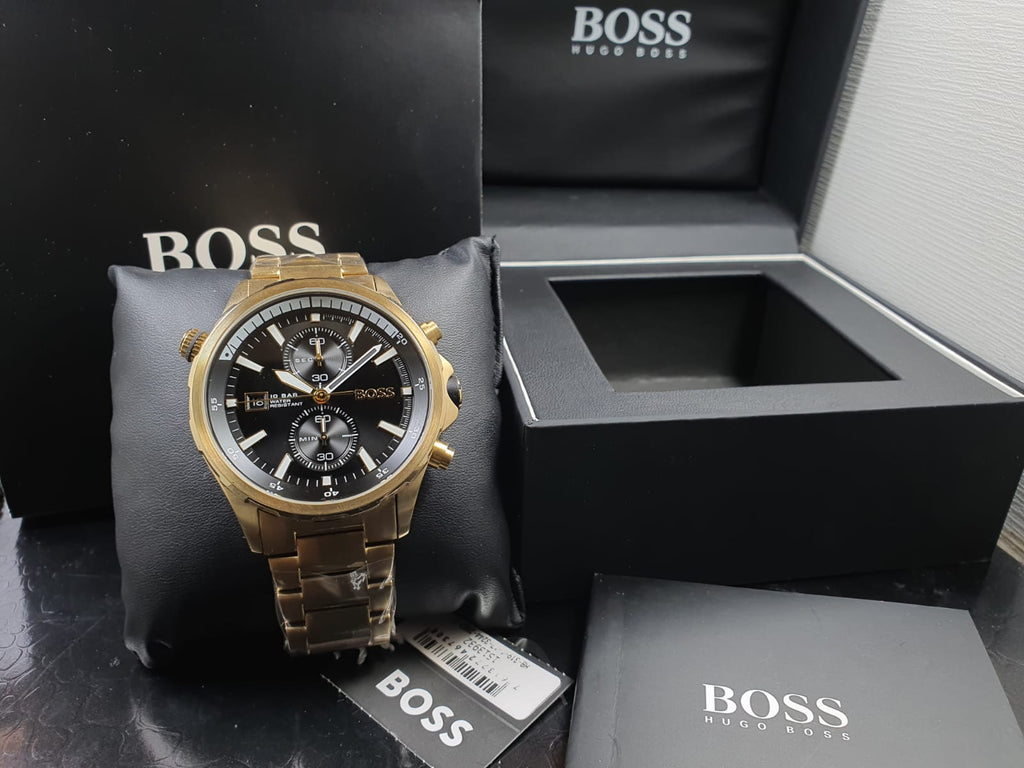 Hugo Chronograph Dial Gold for Globetrotter Boss Watch Strap Black Steel Men