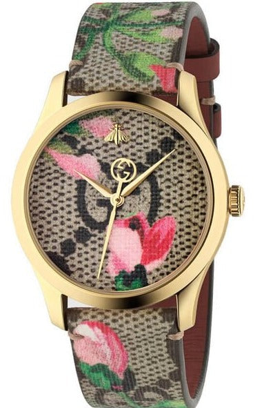Gucci G Timeless Floral Brown Dial Brown Leather Strap Watch For Women