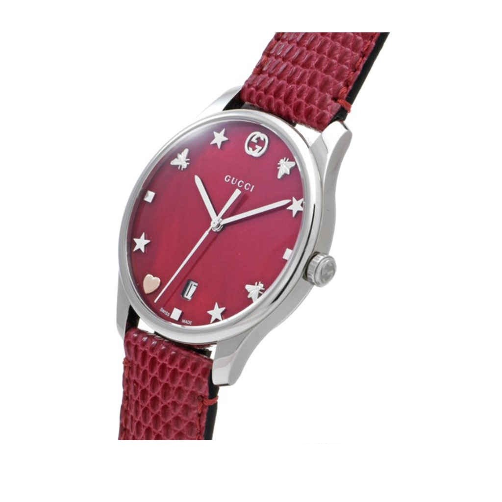 Gucci G-Timeless Mother of Pearl Red Dial Red Leather Strap Watch For Women - YA1264041