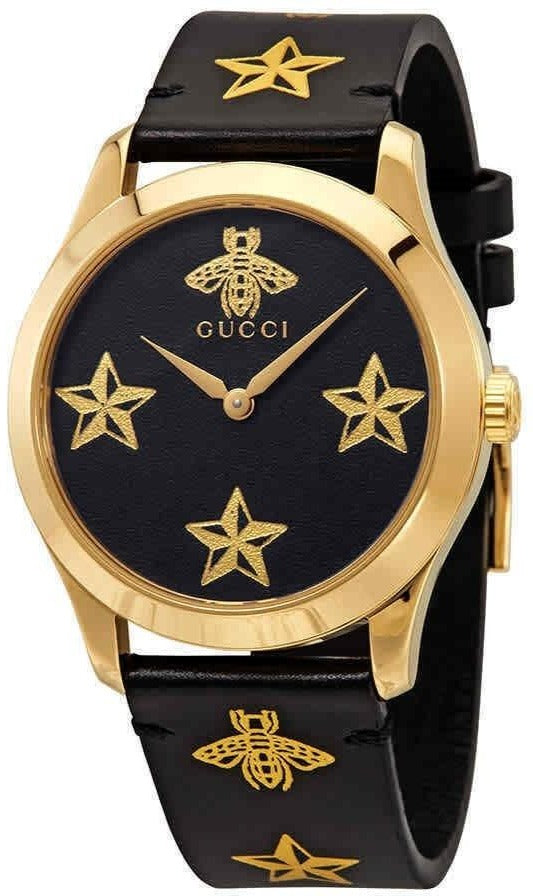 Gucci G Timeless Bee Motif Black Dial Black Leather Strap Watch