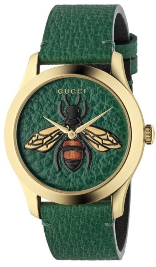Montre Gucci G Timeless Bee avec cadran vert et bracelet en cuir