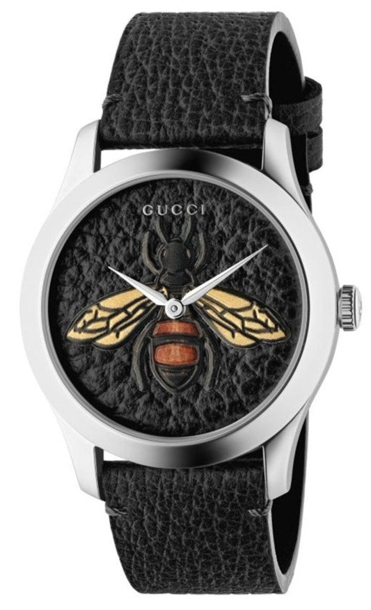 Gucci G Timeless Bee Black Dial Black Leather Strap Watch For Women