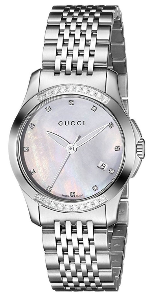Gucci G Timeless Diamond Mother of Pearl Dial Silver Steel Strap Watch For Women - YA126510