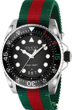 Gucci Dive Black Dial Red & Green Nylon Strap Watch For Men - YA136209