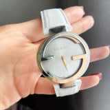Gucci Interlocking 18K Gold Silver Dial White Leather Strap Watch For Women - YA133303