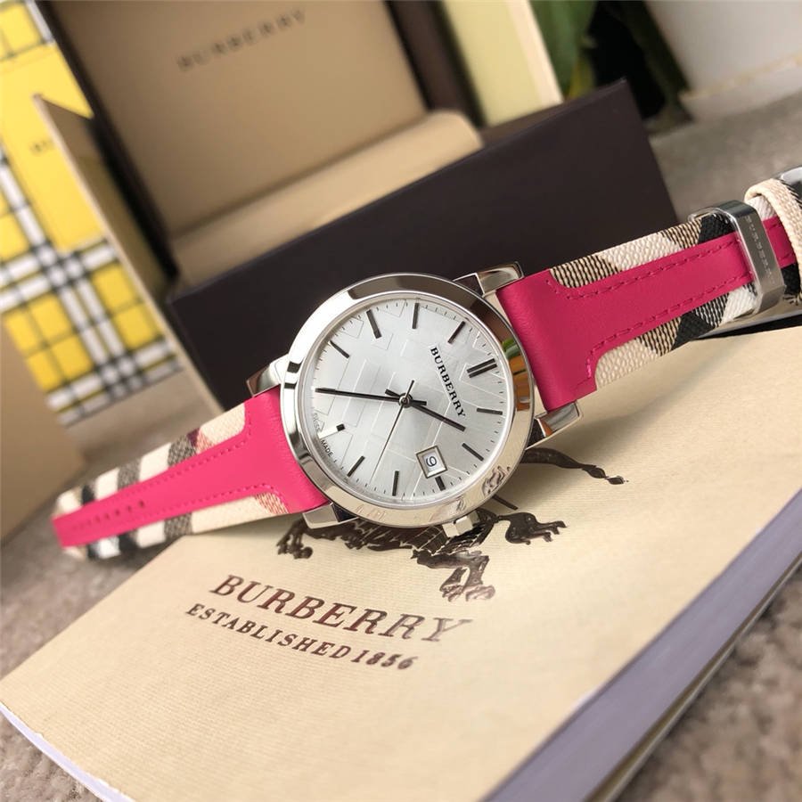 Burberry The City White Dial Pink Haymarket Leather Strap Watch for Women - BU9149