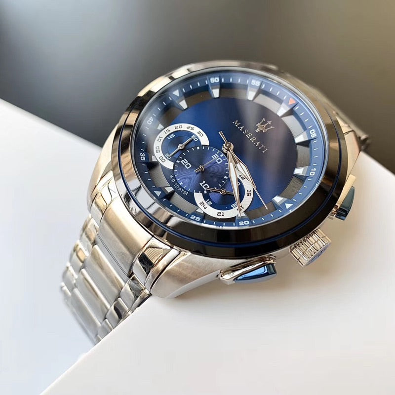 Men Chronograph For Blue Traguardo Watch Dial Men 45mm for Stainless Watch Steel Maserati
