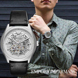 Emporio Armani Meccanico White Skeleton Dial Black Leather Strap Watch For Men - AR60003