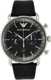 Emporio Armani Aviator Chronograph Black Dial Black Leather Strap Watch For Men - AR11143