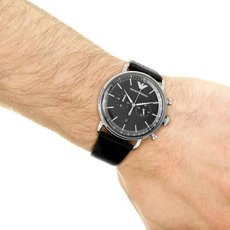 Black Black Leather For Men Dial Aviator Strap Emporio Watch Chronograph Armani