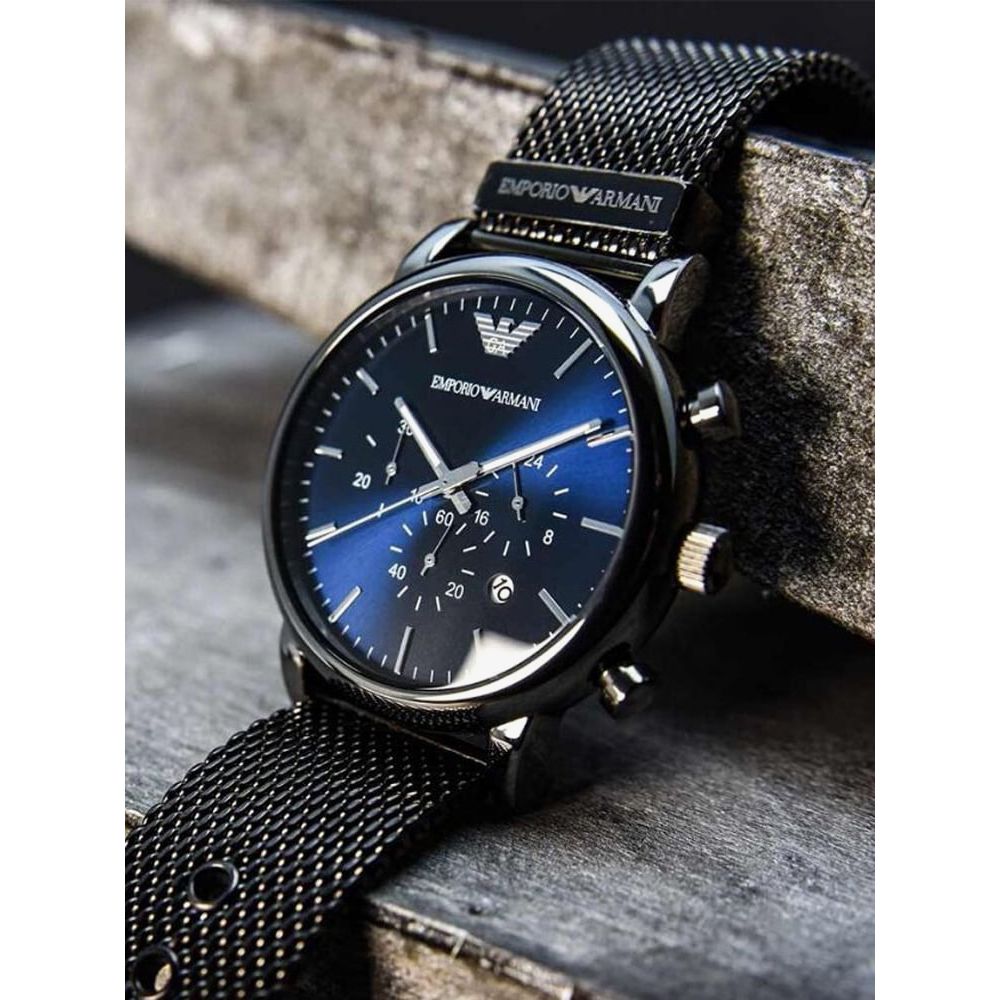 Chronograph Emporio Gun Men Dial Bracelet Blue Mesh For Armani Watch Metallic