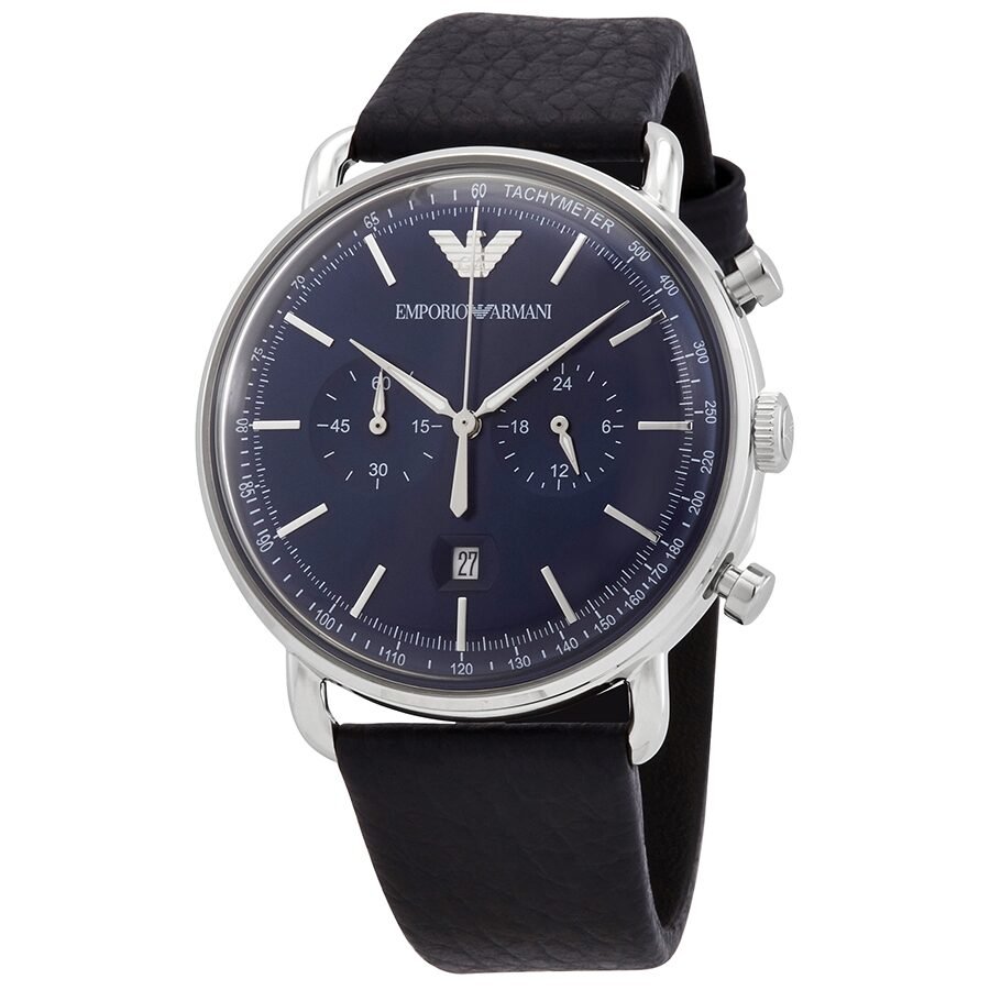 Men Aviator Leather Strap Emporio Blue Dial Watch Blue For Armani