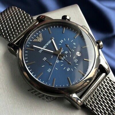 Emporio Armani Chronograph Blue Watch Bracelet Dial Men For Mesh Metallic Gun