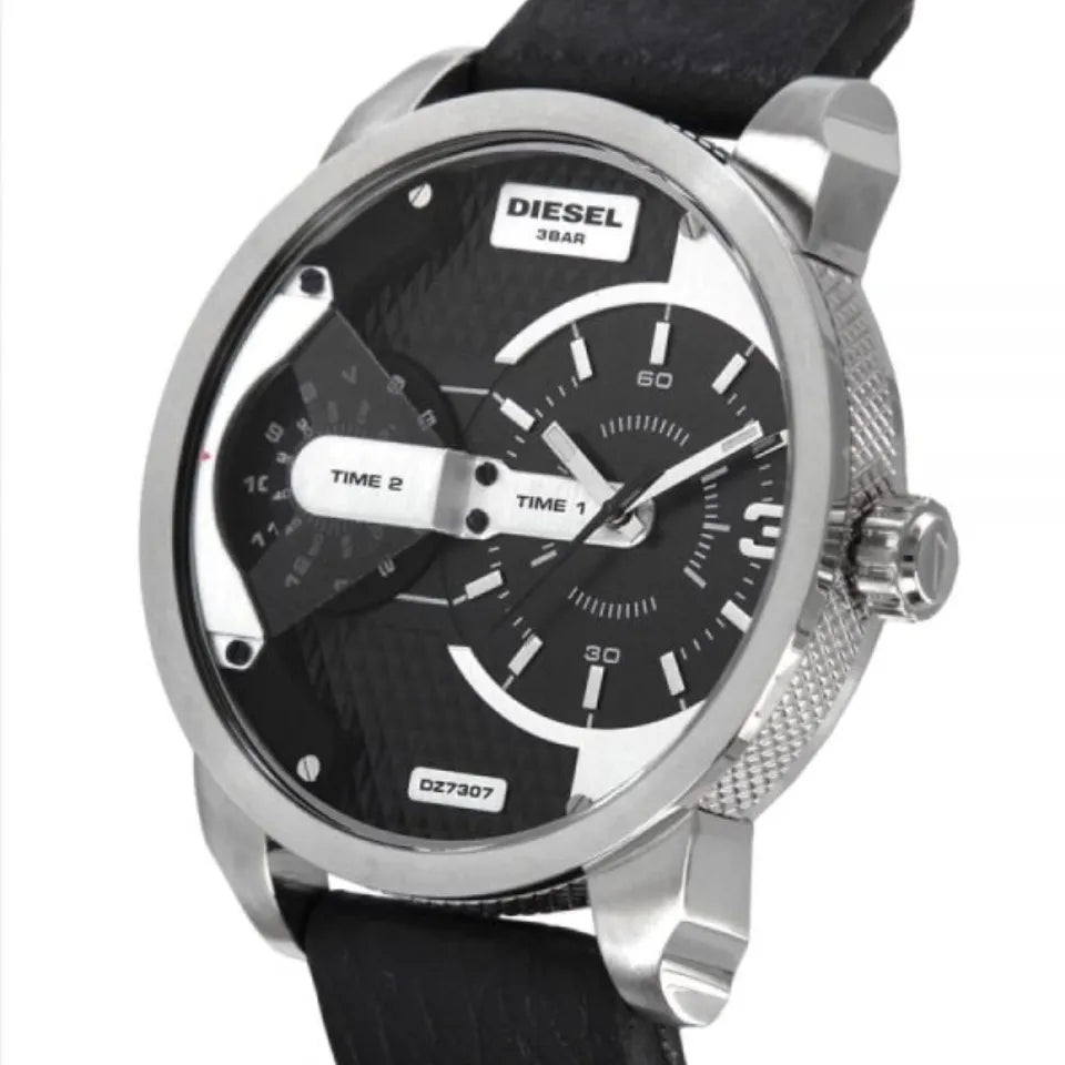 Diesel Mini Daddy Black Silver Dial Black Leather Strap Watch For Men