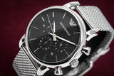 Emporio Armani Luigi Chronograph Black Dial Silver Mesh Bracelet Watch For Men - AR1811