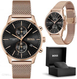 Hugo Boss Associate Black Dial Rose Gold Mesh Bracelet Watch for Men - 1513806