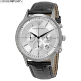 Emporio Armani Classic Chronograph Silver Dial Black Leather Strap Watch For Men - AR2432