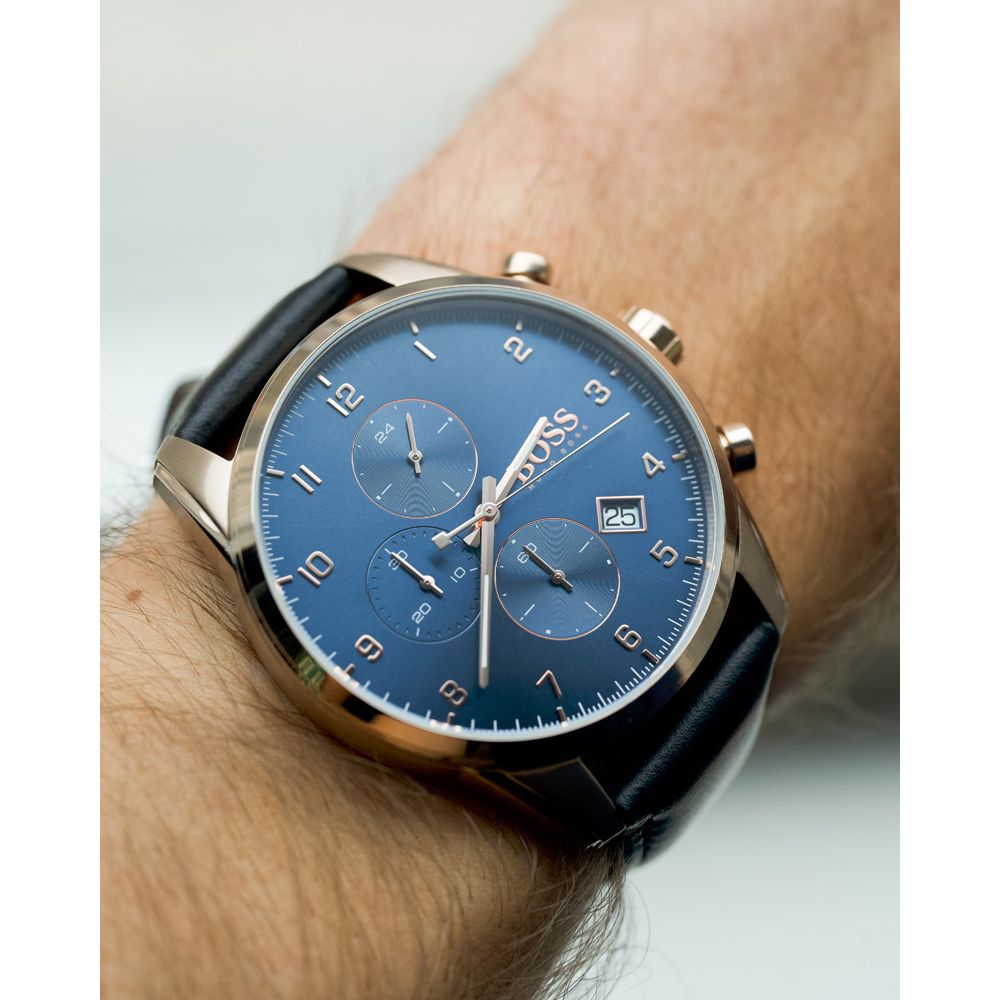 Hugo Boss Skymaster Chronograph Blue Dial Black Leather Strap Watch for Men