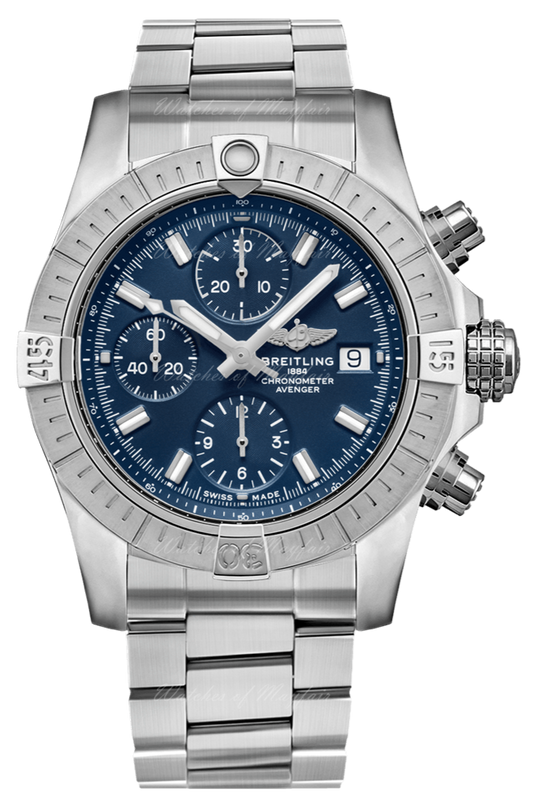 Breitling Avenger Chronograph 45 mm blaues Zifferblatt silbernes Stahlarmband Herrenuhr