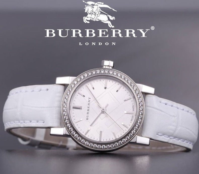Burberry The City White Diamonds Dial White Leather Strap Watch for Women - BU9221