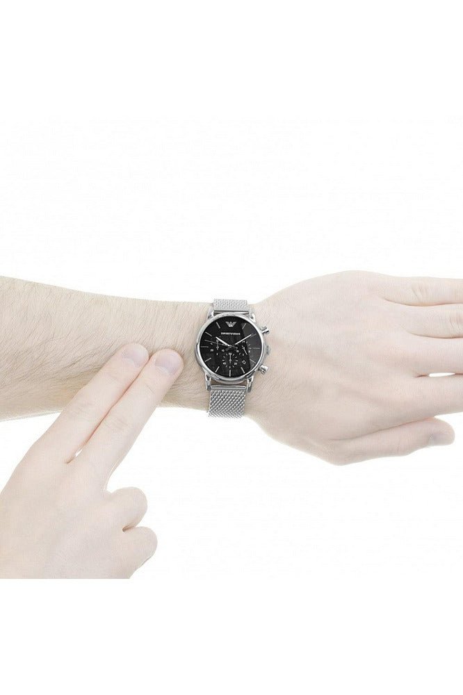 Black Luigi Dial Men For Bracelet Emporio Chronograph Mesh Armani Watch Silver