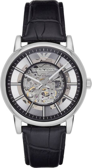 Emporio Armani Luigi Silver Skeleton Dial Black Leather Strap Watch For Men - AR1981