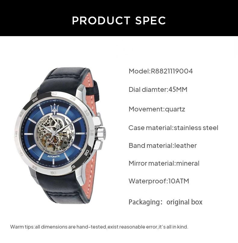 Maserati Ingegno Automatic Blue Skeleton Dial Black Leather Strap Watch For Men - R8821119004