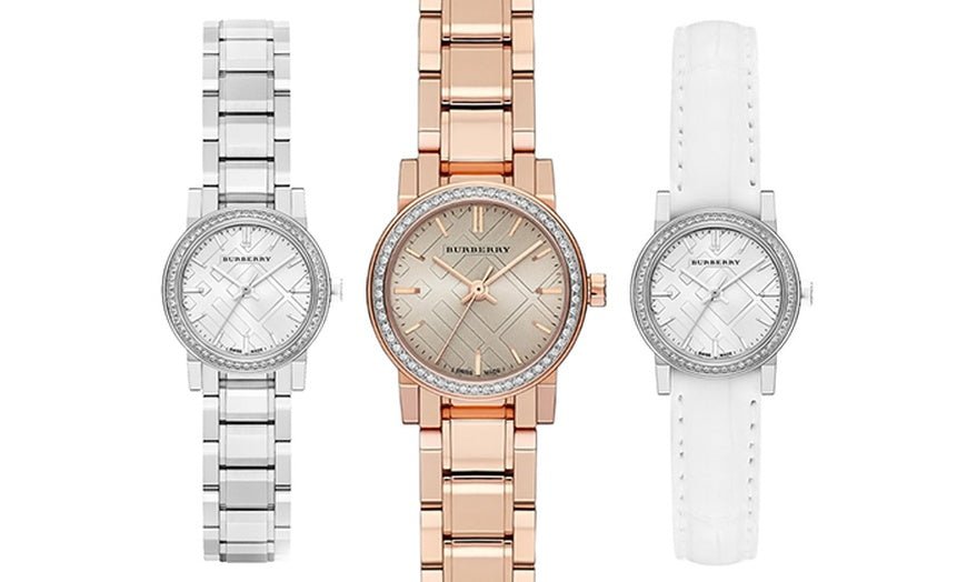 Burberry The City Silver Diamonds Dial White Leather Strap Watch for Women - BU9222