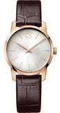 Calvin Klein City White & Gold Dial Brown Leather Strap Watch For Women - K2G23620