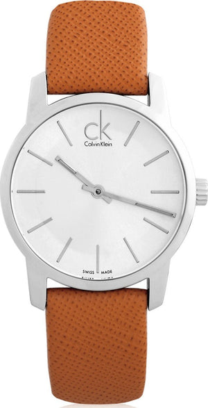 Calvin Klein City Silver Dial Light Brown Leather Strap Watch For Women- K2G23120