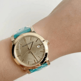 Burberry Heritage Gold Dial Turquoise Leather Strap Watch for Women - BU9112