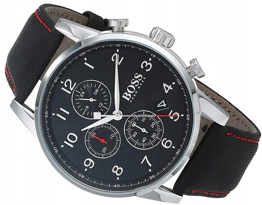 Hugo Boss Navigator Black Dial Black Leather Strap Watch for Men - 1513535
