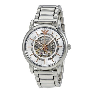 Emporio Armani Meccanico Skeleton Silver Dial Silver Steel Strap Watch For Men - AR1980